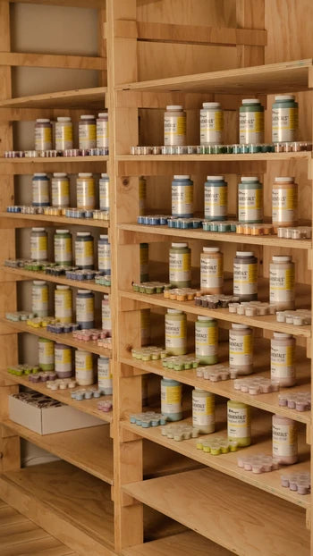 Colour samples and underglaze shelves in the studio